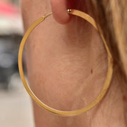 Vintage Solid 14K Gold Hoop Earrings, Flat Round Huggie Hoops, 585 Yellow Gold, Modernist Gold Hoops, 1 7/8"
