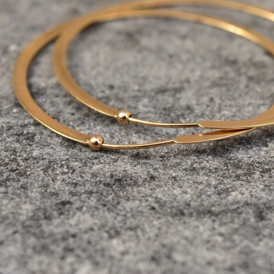 Vintage Solid 14K Gold Hoop Earrings, Flat Round Huggie Hoops, 585 Yellow Gold, Modernist Gold Hoops, 1 7/8"