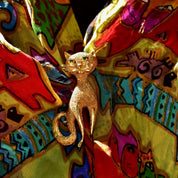 Les Bernard Gold Plated Sterling Emerald Eye Cat Brooch, Textured Gold Cat Pin, Cute Cat Lover Pin, 46mm