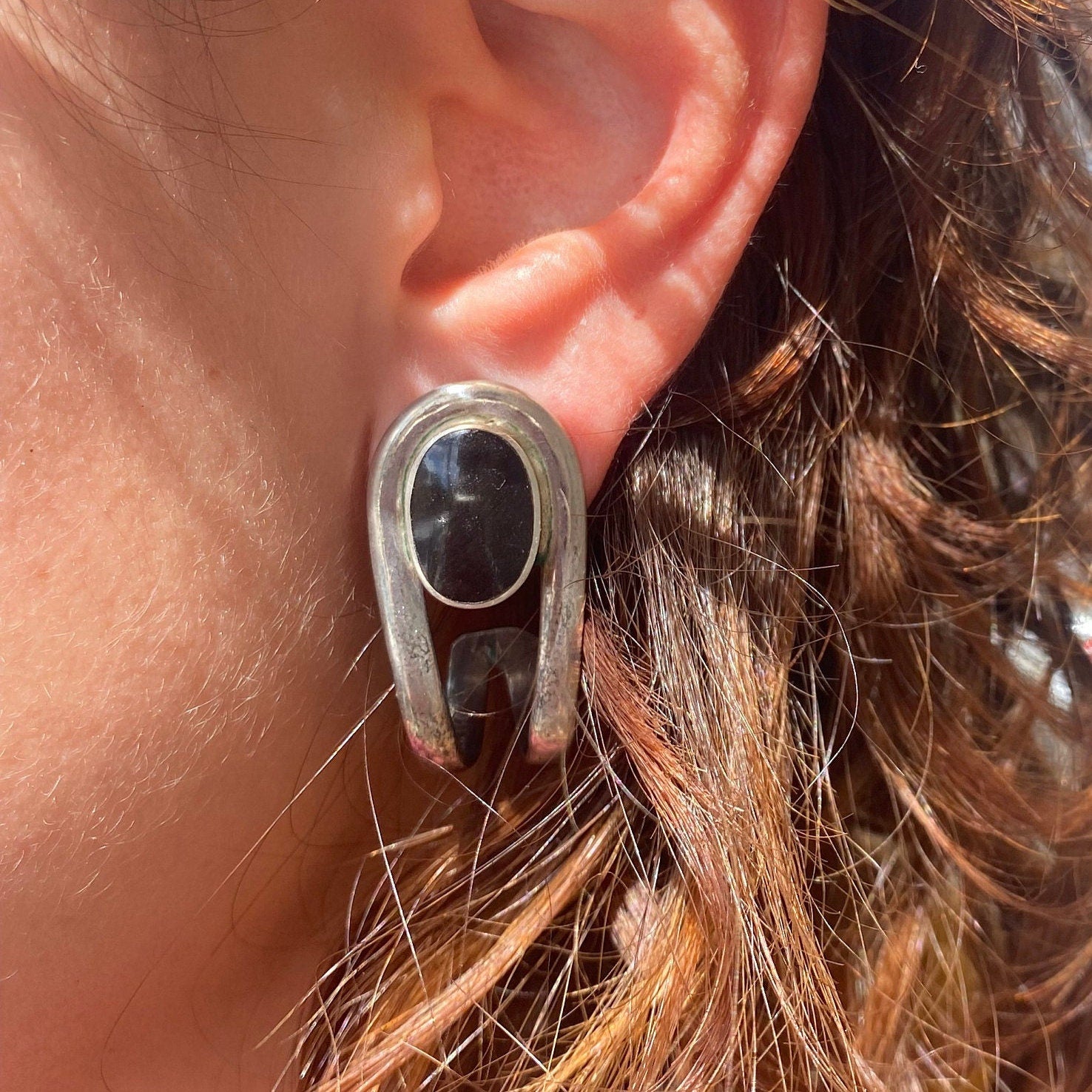 Vintage Sterling TAXCO Mexico TE-90 Post Back Curved Earrings, Pierced J-Hoops, Mexican Jewelry, 925 Chunky Solid Silver Studs, 35mm