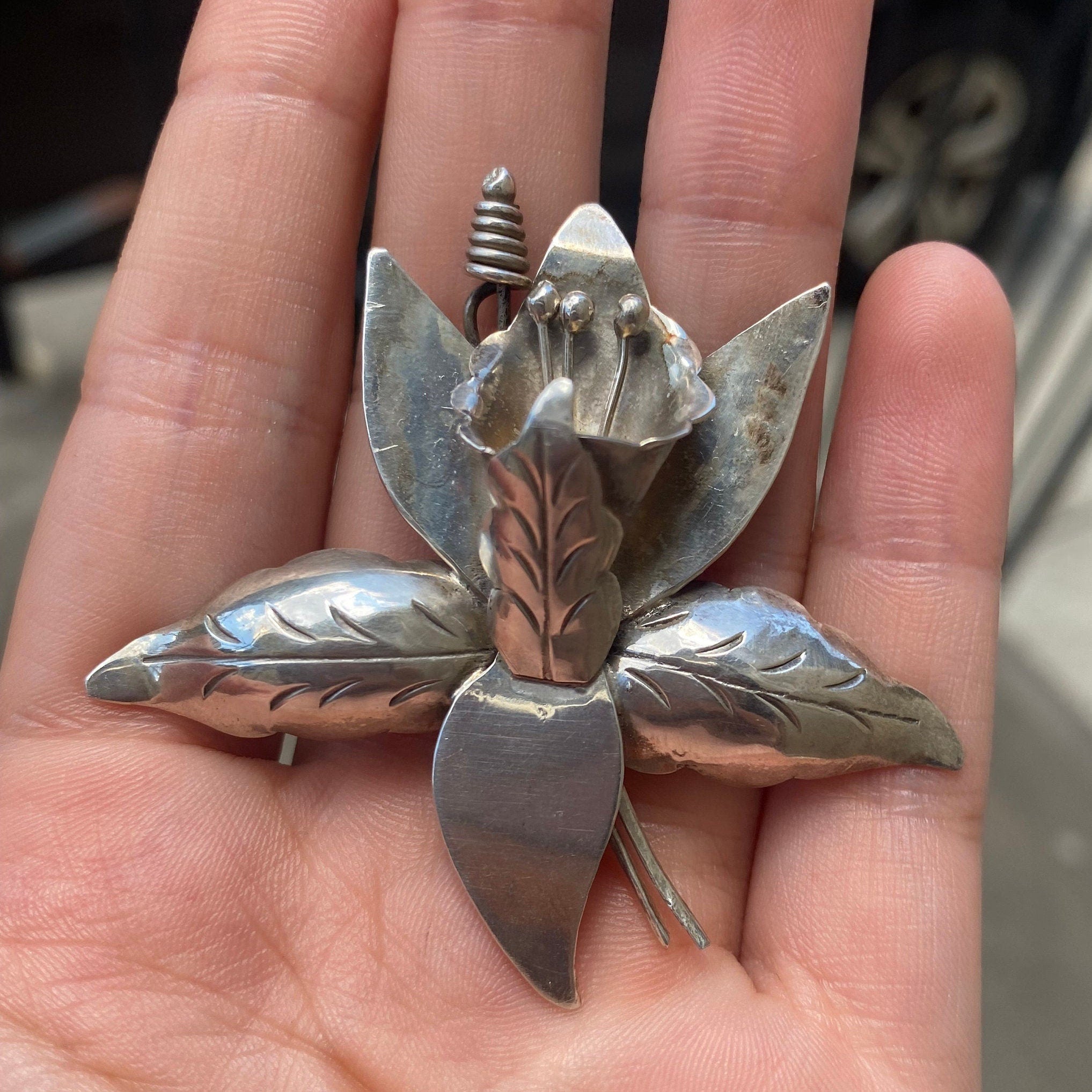 Vintage TAXCO Sterling Silver Lily Flower Brooch, Large Silver Flower Brooch, 925 Statement Accessory, Mexico 925 TC-84, 60mm