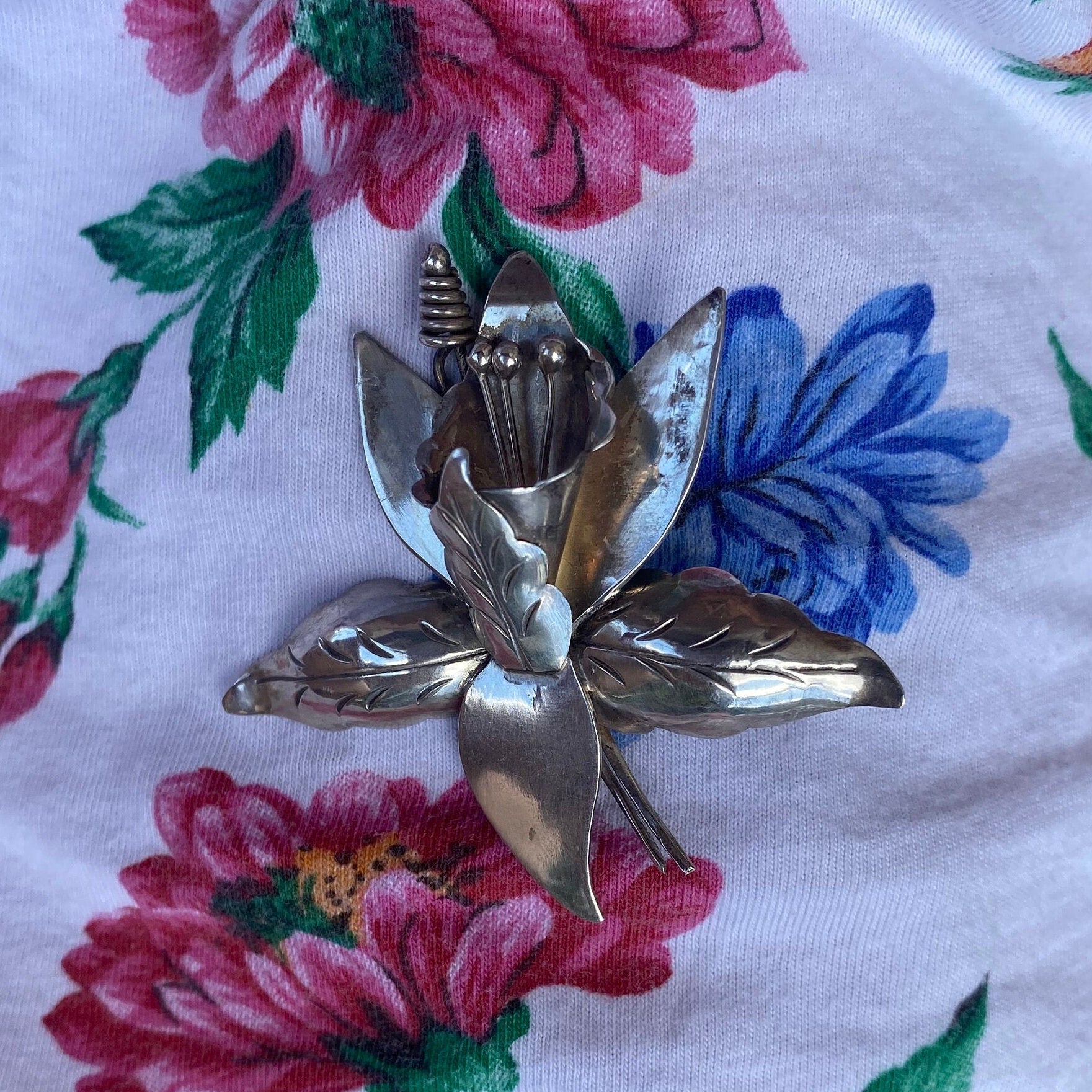Vintage TAXCO Sterling Silver Lily Flower Brooch, Large Silver Flower Brooch, 925 Statement Accessory, Mexico 925 TC-84, 60mm