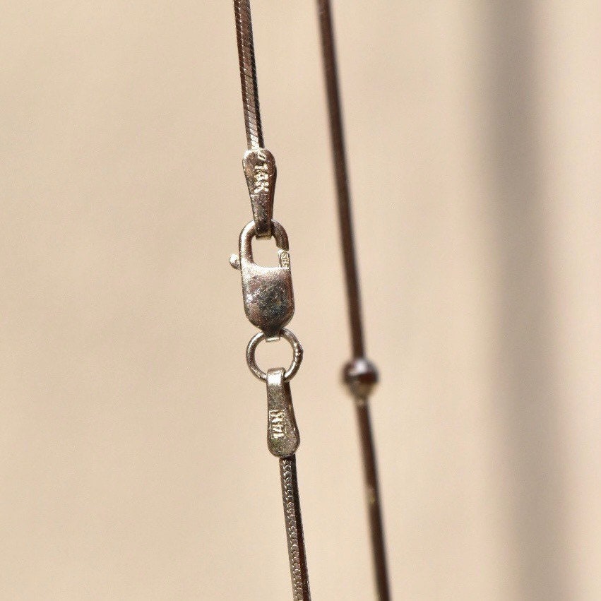 Vintage Modernist Italian 14K White Gold Tassel Necklace, Multi-Bead Tassel Pendant, 1mm Seamless Gold Snake Chain, 17" L