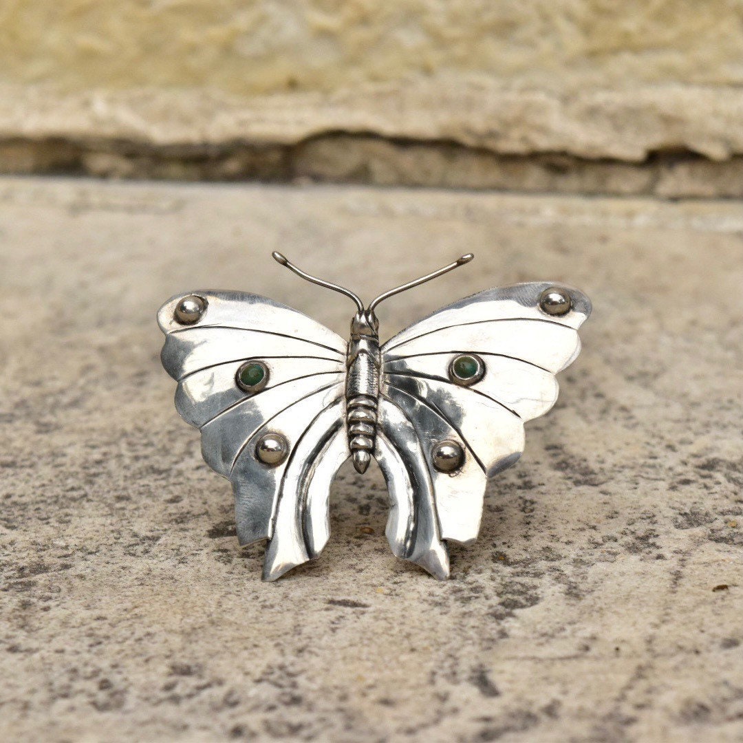 Vintage Silver Turquoise Accent Butterfly Brooch, Large Silver Butterfly/Moth Pin, 'Silver Made In Mexico', 3 1/4"
