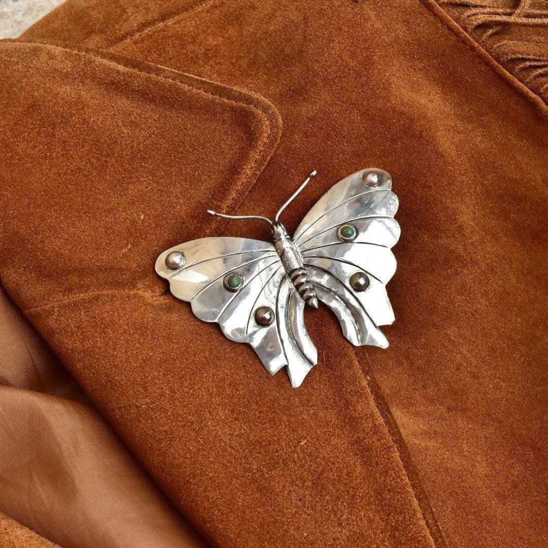 Vintage Silver Turquoise Accent Butterfly Brooch, Large Silver Butterfly/Moth Pin, 'Silver Made In Mexico', 3 1/4"
