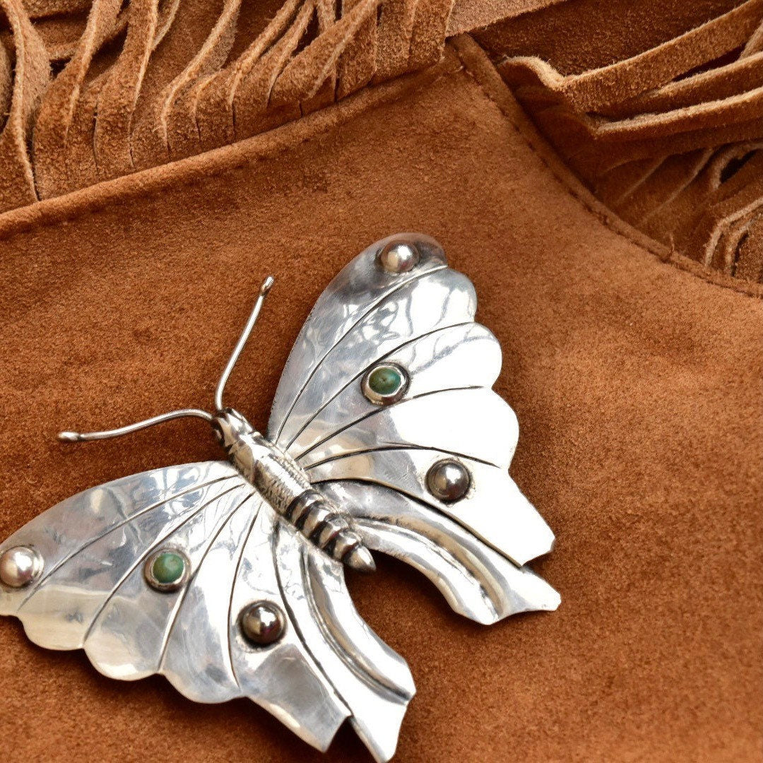 Vintage Silver Turquoise Accent Butterfly Brooch, Large Silver Butterfly/Moth Pin, 'Silver Made In Mexico', 3 1/4"
