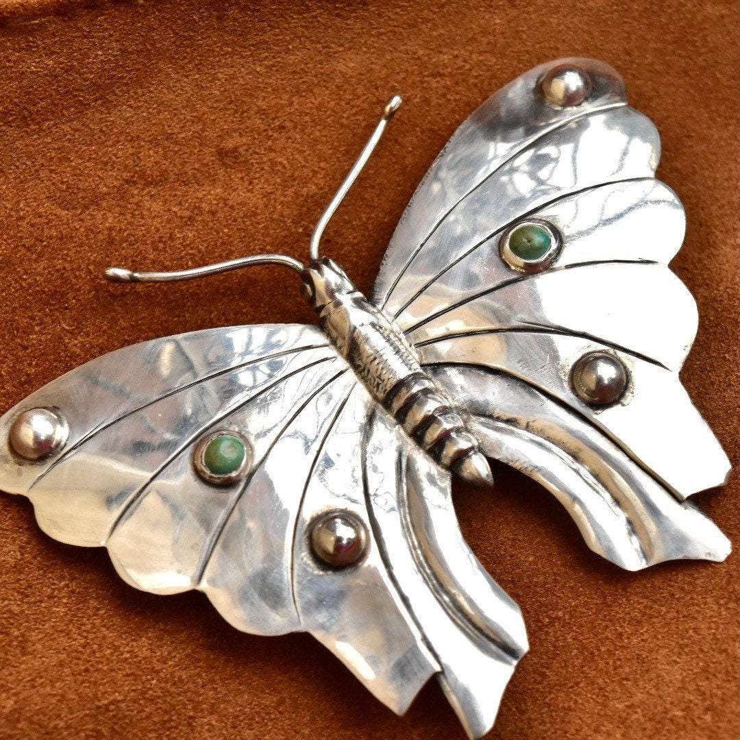 Vintage Silver Turquoise Accent Butterfly Brooch, Large Silver Butterfly/Moth Pin, 'Silver Made In Mexico', 3 1/4"