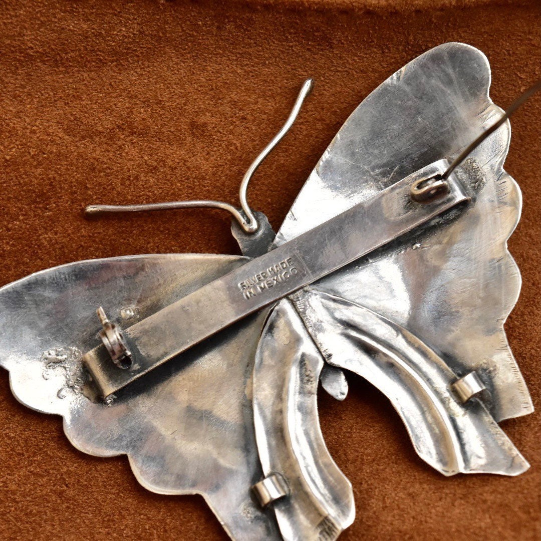 Vintage Silver Turquoise Accent Butterfly Brooch, Large Silver Butterfly/Moth Pin, 'Silver Made In Mexico', 3 1/4"