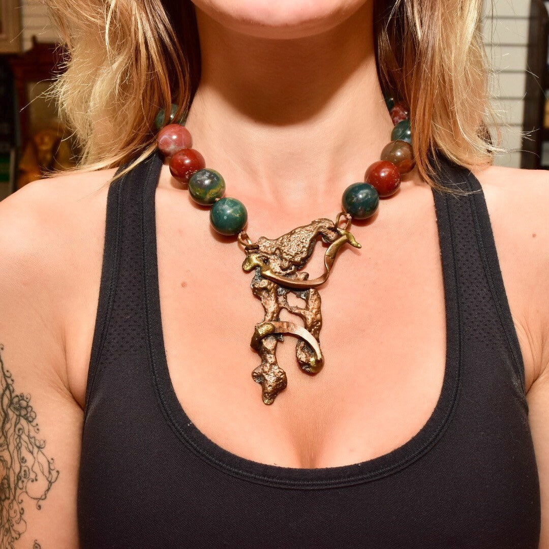 Vintage Brutalist Modernist Gemstone Bead Cast Metal Pendant Necklace, Large Organic Brass/Copper Pendant, Round Jasper Beads, 17 3/4"