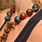 Vintage Brutalist Modernist Gemstone Bead Cast Metal Pendant Necklace, Large Organic Brass/Copper Pendant, Round Jasper Beads, 17 3/4"