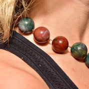 Vintage Brutalist Modernist Gemstone Bead Cast Metal Pendant Necklace, Large Organic Brass/Copper Pendant, Round Jasper Beads, 17 3/4"