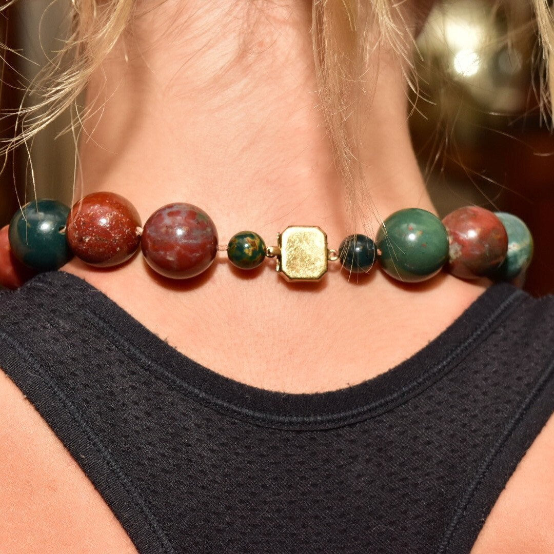 Vintage Brutalist Modernist Gemstone Bead Cast Metal Pendant Necklace, Large Organic Brass/Copper Pendant, Round Jasper Beads, 17 3/4"