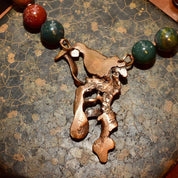 Vintage Brutalist Modernist Gemstone Bead Cast Metal Pendant Necklace, Large Organic Brass/Copper Pendant, Round Jasper Beads, 17 3/4"