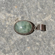 Vintage Bohemian Sterling Silver Quartz Pendant, Balinese Design, Green Crystal Cabochon, 42mm