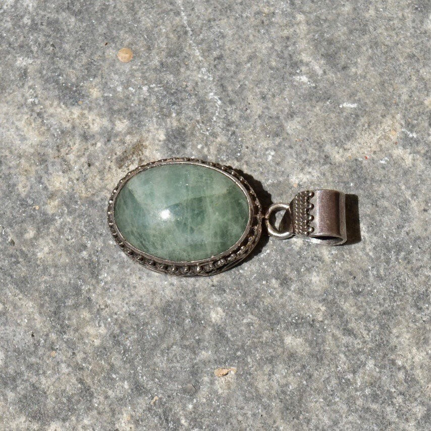 Vintage Bohemian Sterling Silver Quartz Pendant, Balinese Design, Green Crystal Cabochon, 42mm