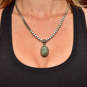 Vintage Bohemian Sterling Silver Quartz Pendant, Balinese Design, Green Crystal Cabochon, 42mm