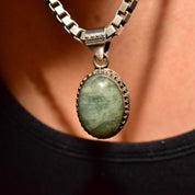 Vintage Bohemian Sterling Silver Quartz Pendant, Balinese Design, Green Crystal Cabochon, 42mm