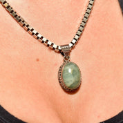 Vintage Bohemian Sterling Silver Quartz Pendant, Balinese Design, Green Crystal Cabochon, 42mm