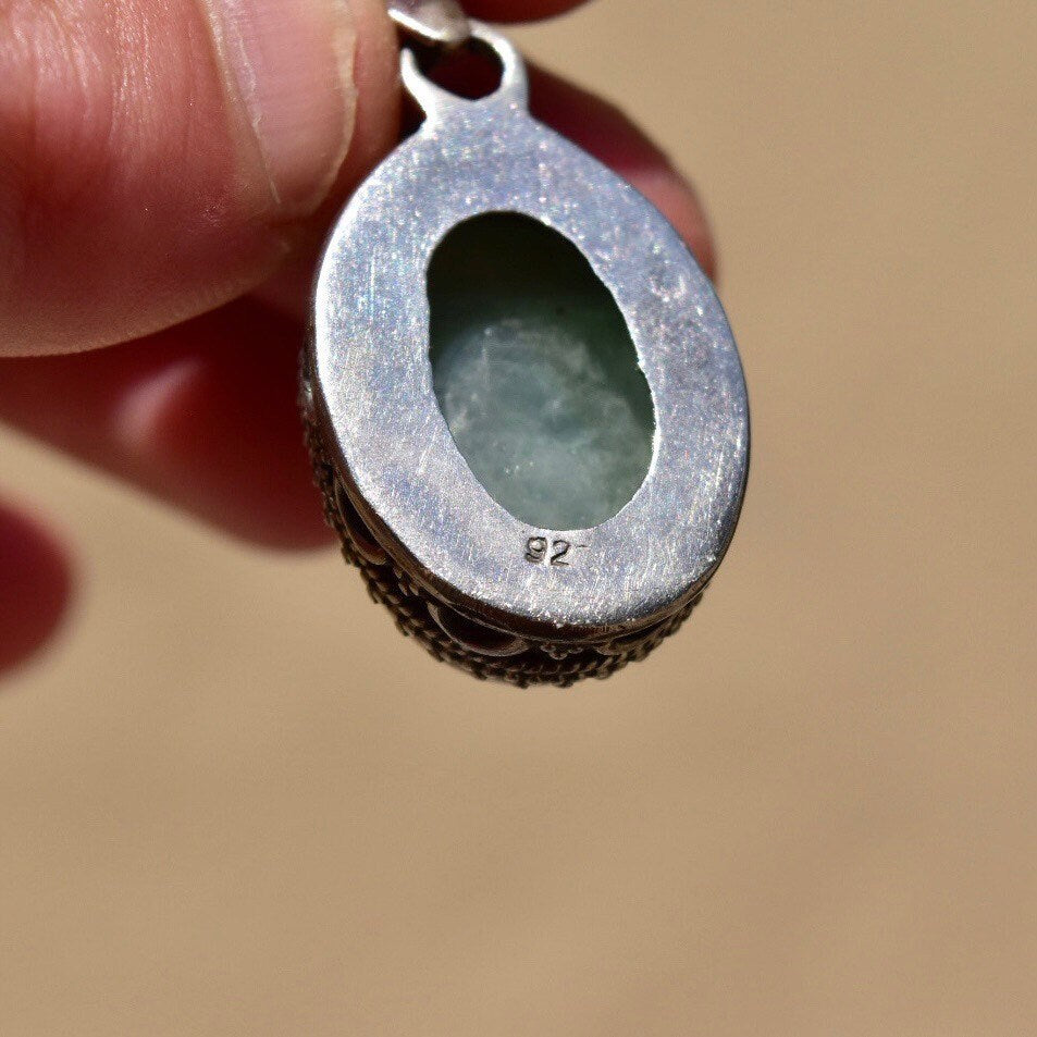 Vintage Bohemian Sterling Silver Quartz Pendant, Balinese Design, Green Crystal Cabochon, 42mm