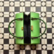 Mod TANO of Madrid Lime Green Leather Barrel Box Purse, Retro Hard Shell Top Handle Box Bag, Brass Hardware, 8 1/2" W