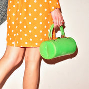 Mod TANO of Madrid Lime Green Leather Barrel Box Purse, Retro Hard Shell Top Handle Box Bag, Brass Hardware, 8 1/2" W
