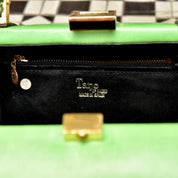 Mod TANO of Madrid Lime Green Leather Barrel Box Purse, Retro Hard Shell Top Handle Box Bag, Brass Hardware, 8 1/2" W