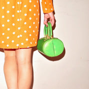 Mod TANO of Madrid Lime Green Leather Barrel Box Purse, Retro Hard Shell Top Handle Box Bag, Brass Hardware, 8 1/2" W
