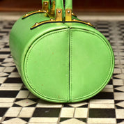 Mod TANO of Madrid Lime Green Leather Barrel Box Purse, Retro Hard Shell Top Handle Box Bag, Brass Hardware, 8 1/2" W