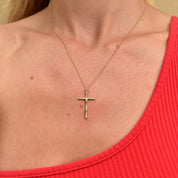 Solid 14K Yellow Gold Bamboo Cross Pendant Necklace, 1mm Cable Chain, Mini Cross Pendant, 14K CREED Jewelry, 18" L