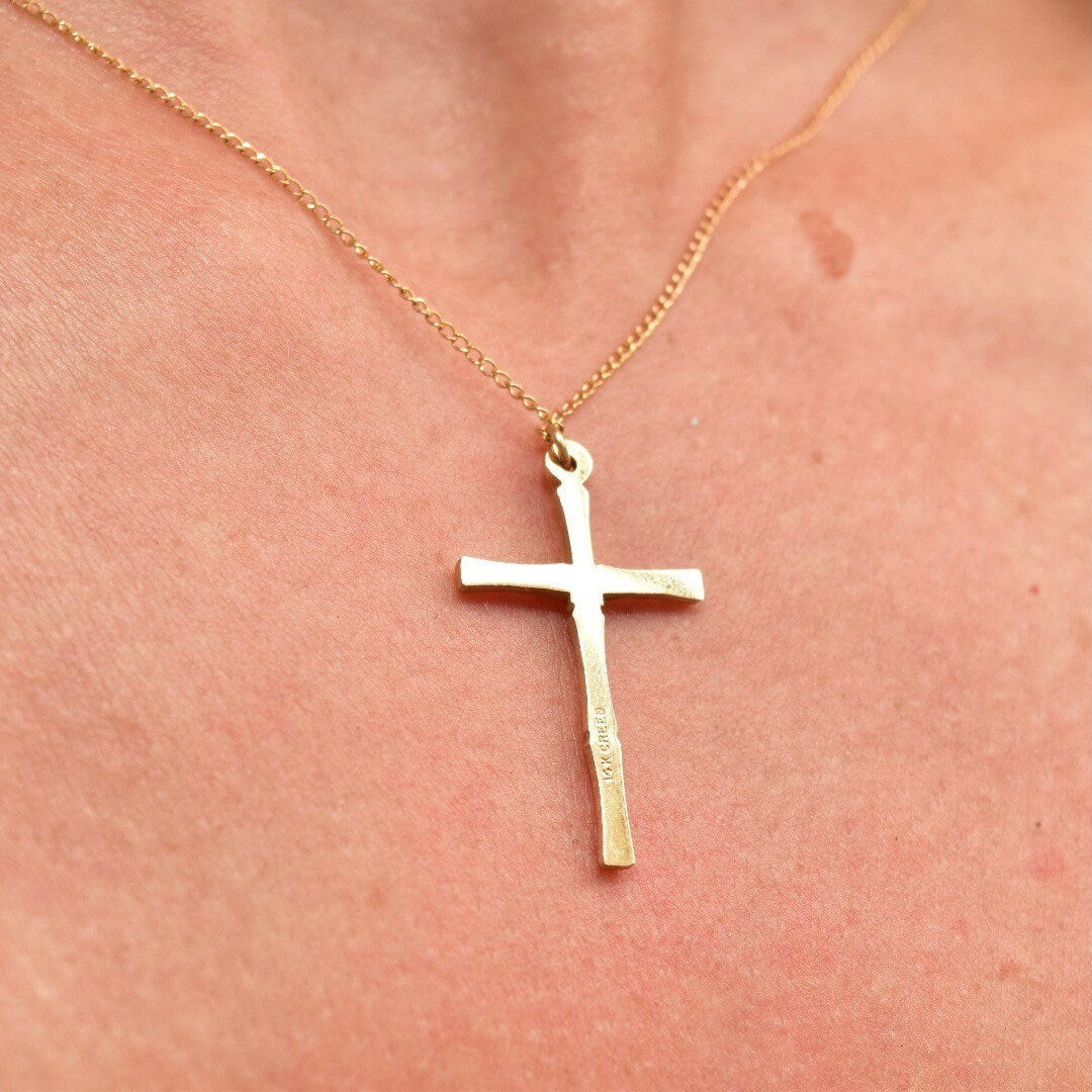 Solid 14K Yellow Gold Bamboo Cross Pendant Necklace, 1mm Cable Chain, Mini Cross Pendant, 14K CREED Jewelry, 18" L