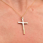Solid 14K Yellow Gold Bamboo Cross Pendant Necklace, 1mm Cable Chain, Mini Cross Pendant, 14K CREED Jewelry, 18" L