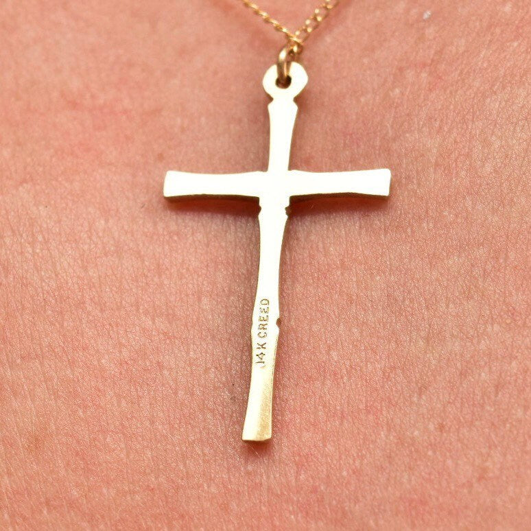 Solid 14K Yellow Gold Bamboo Cross Pendant Necklace, 1mm Cable Chain, Mini Cross Pendant, 14K CREED Jewelry, 18" L