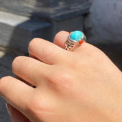 Sterling Silver Turquoise Ring with Small Red Coral Cabochons, Ornate Cutout Design, Chunky Gemstone Ring, 925 Jewelry, 5 US