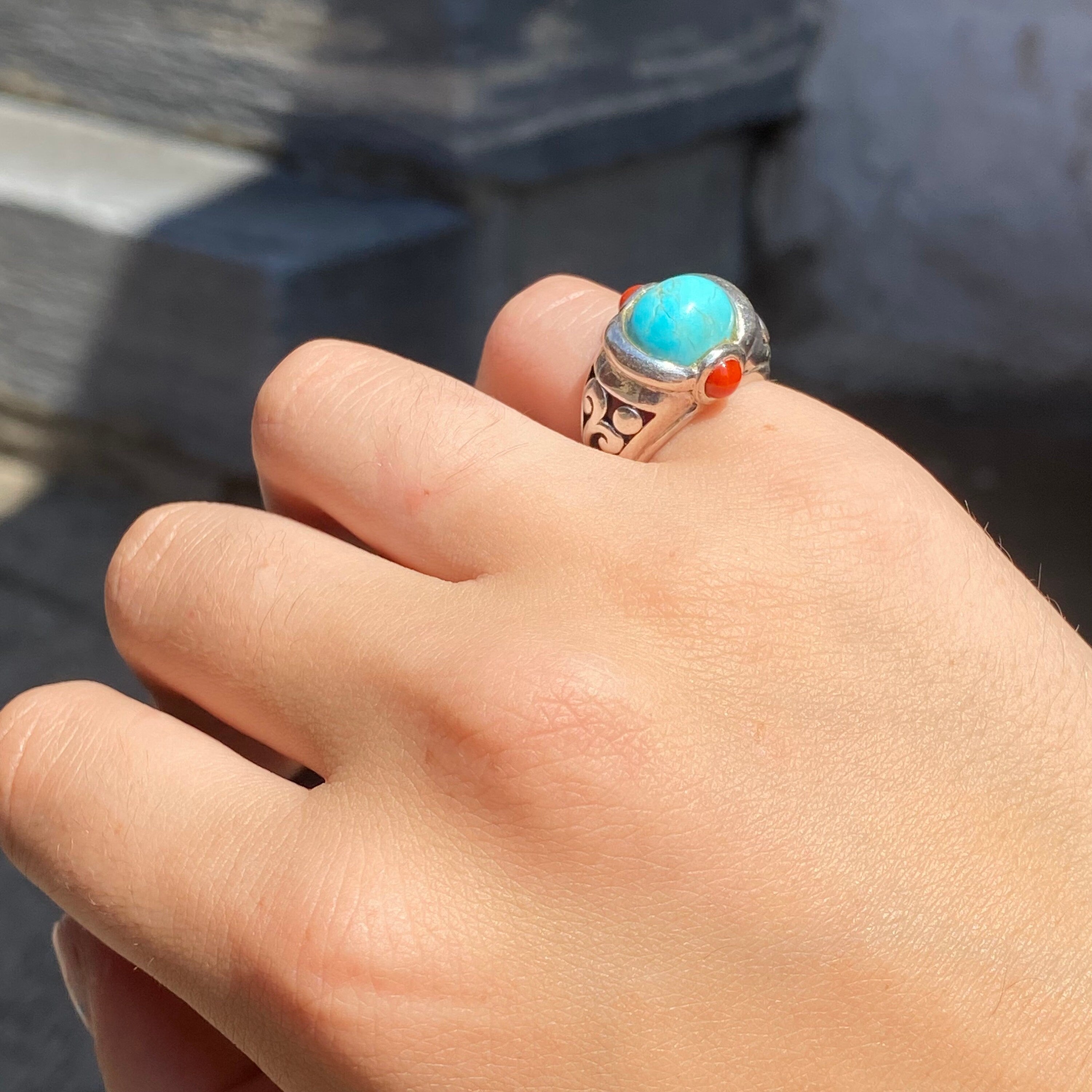 Sterling Silver Turquoise Ring with Small Red Coral Cabochons, Ornate Cutout Design, Chunky Gemstone Ring, 925 Jewelry, 5 US