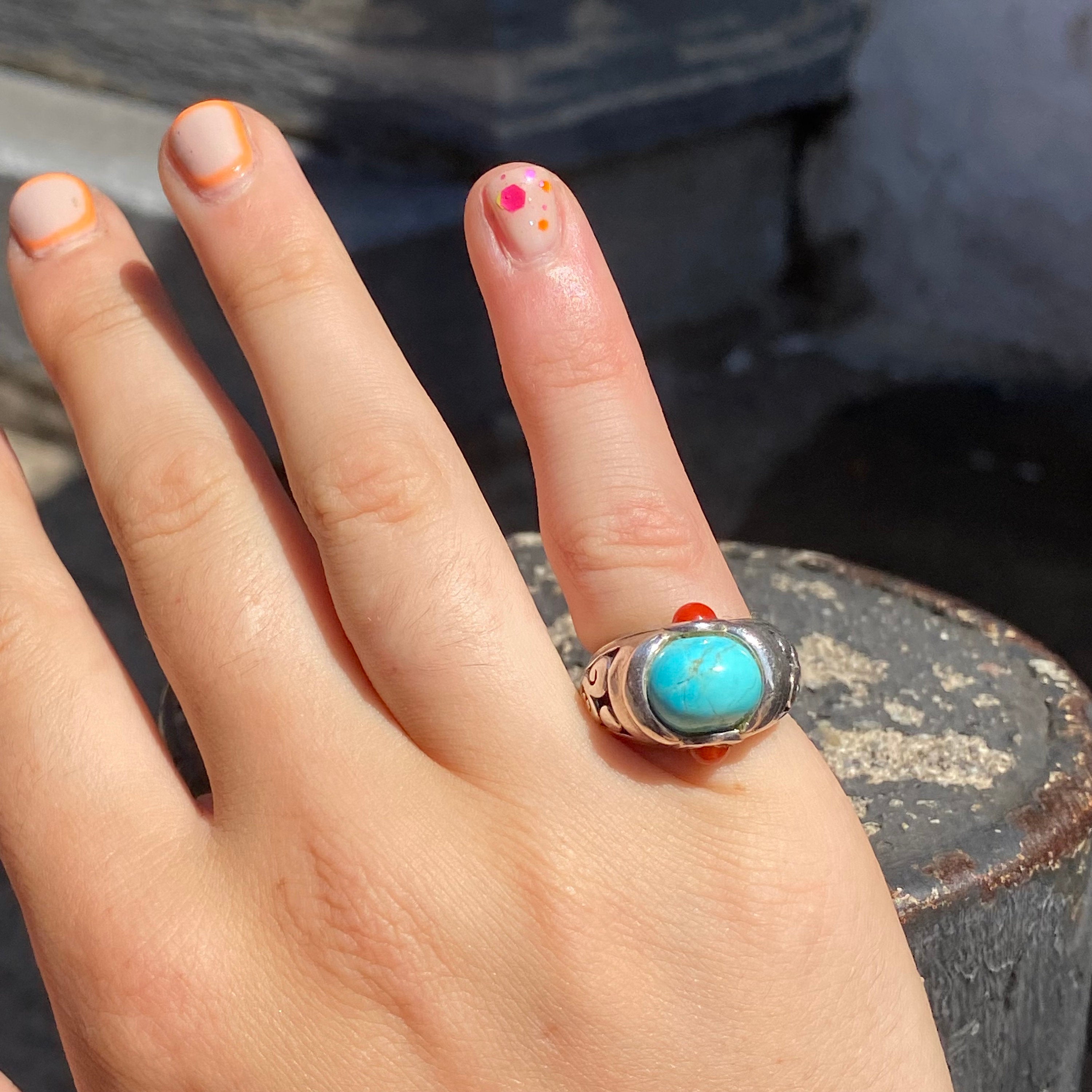 Sterling Silver Turquoise Ring with Small Red Coral Cabochons, Ornate Cutout Design, Chunky Gemstone Ring, 925 Jewelry, 5 US