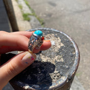 Sterling Silver Turquoise Ring with Small Red Coral Cabochons, Ornate Cutout Design, Chunky Gemstone Ring, 925 Jewelry, 5 US