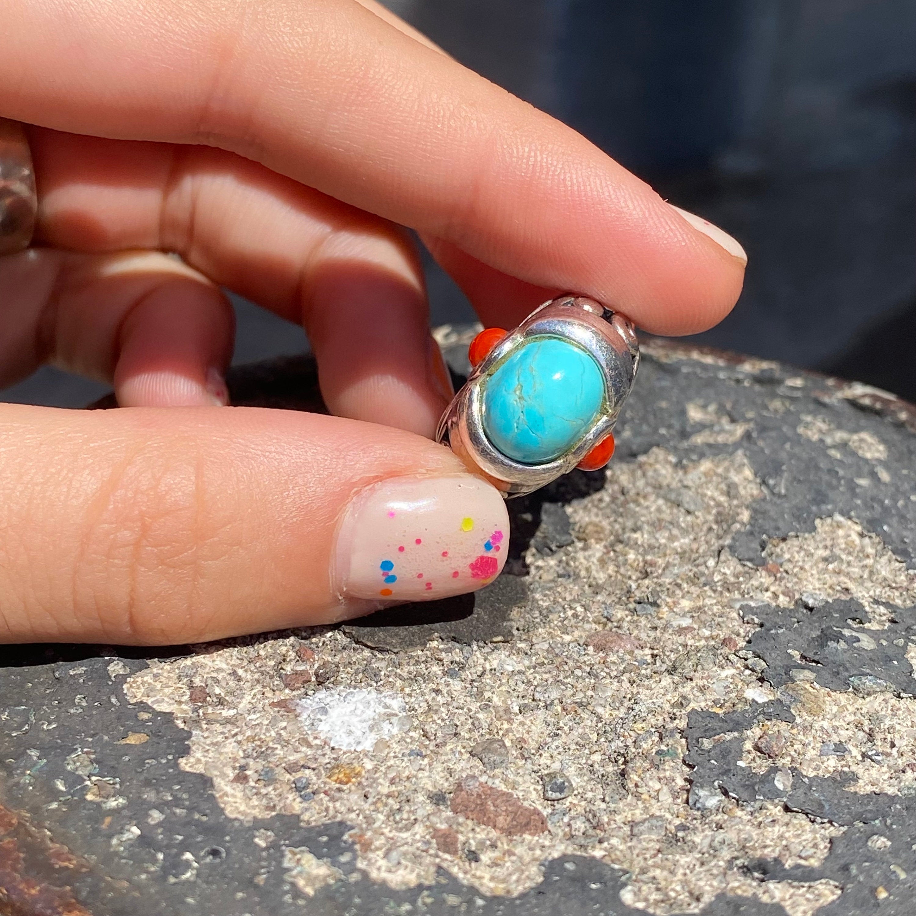 Sterling Silver Turquoise Ring with Small Red Coral Cabochons, Ornate Cutout Design, Chunky Gemstone Ring, 925 Jewelry, 5 US
