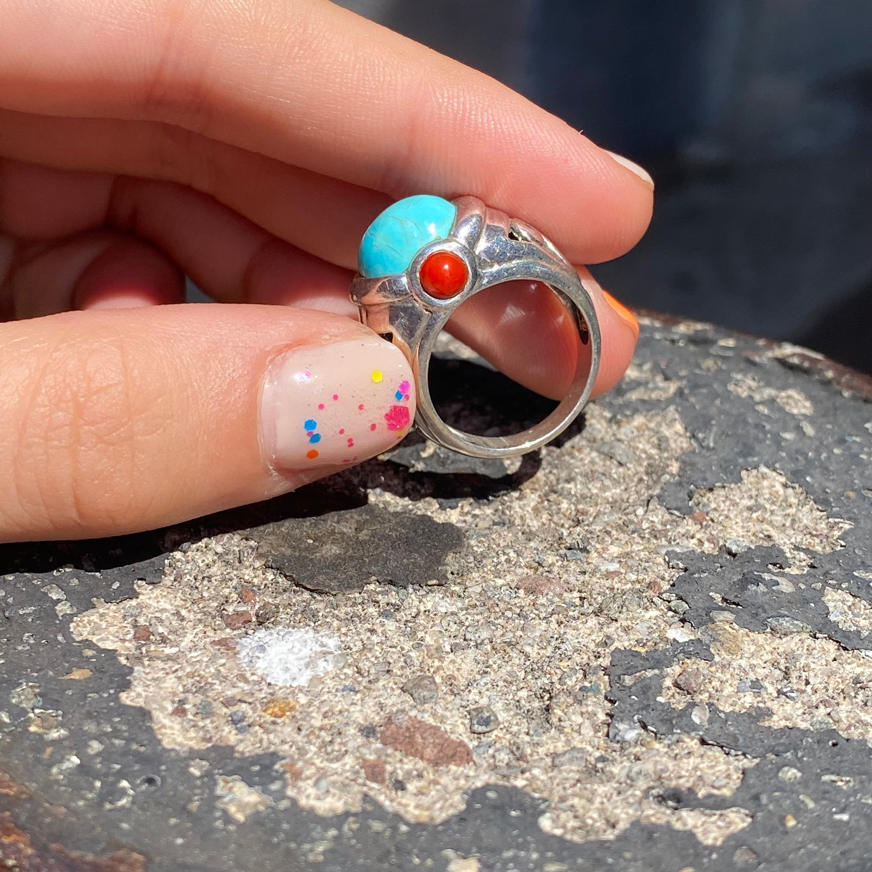 Sterling Silver Turquoise Ring with Small Red Coral Cabochons, Ornate Cutout Design, Chunky Gemstone Ring, 925 Jewelry, 5 US