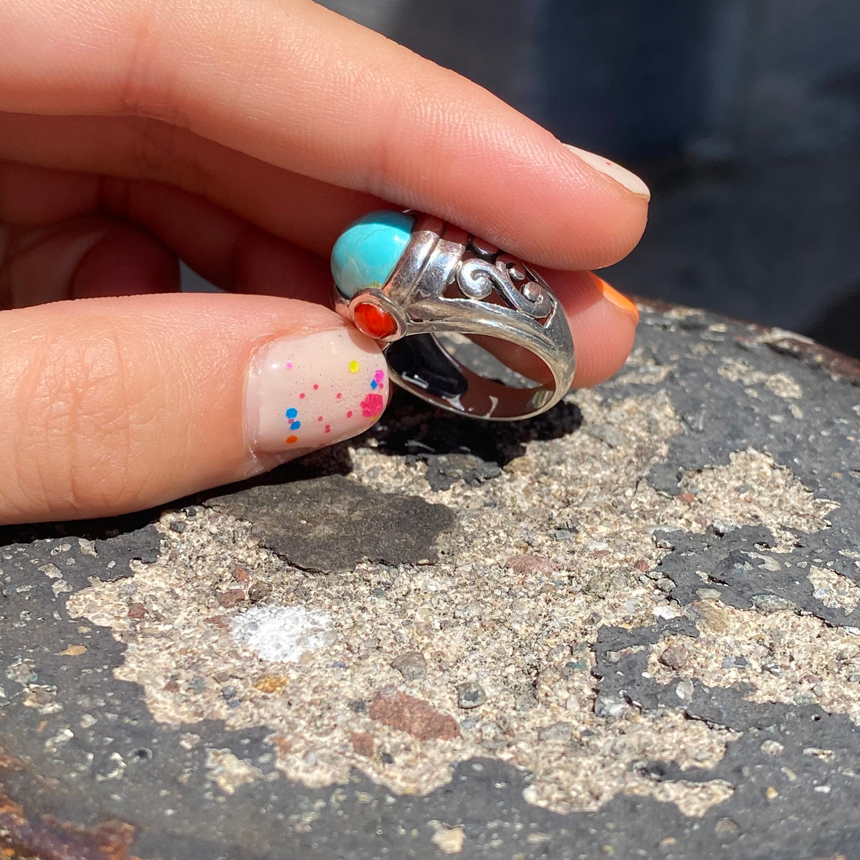 Sterling Silver Turquoise Ring with Small Red Coral Cabochons, Ornate Cutout Design, Chunky Gemstone Ring, 925 Jewelry, 5 US