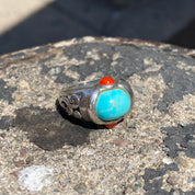 Sterling Silver Turquoise Ring with Small Red Coral Cabochons, Ornate Cutout Design, Chunky Gemstone Ring, 925 Jewelry, 5 US