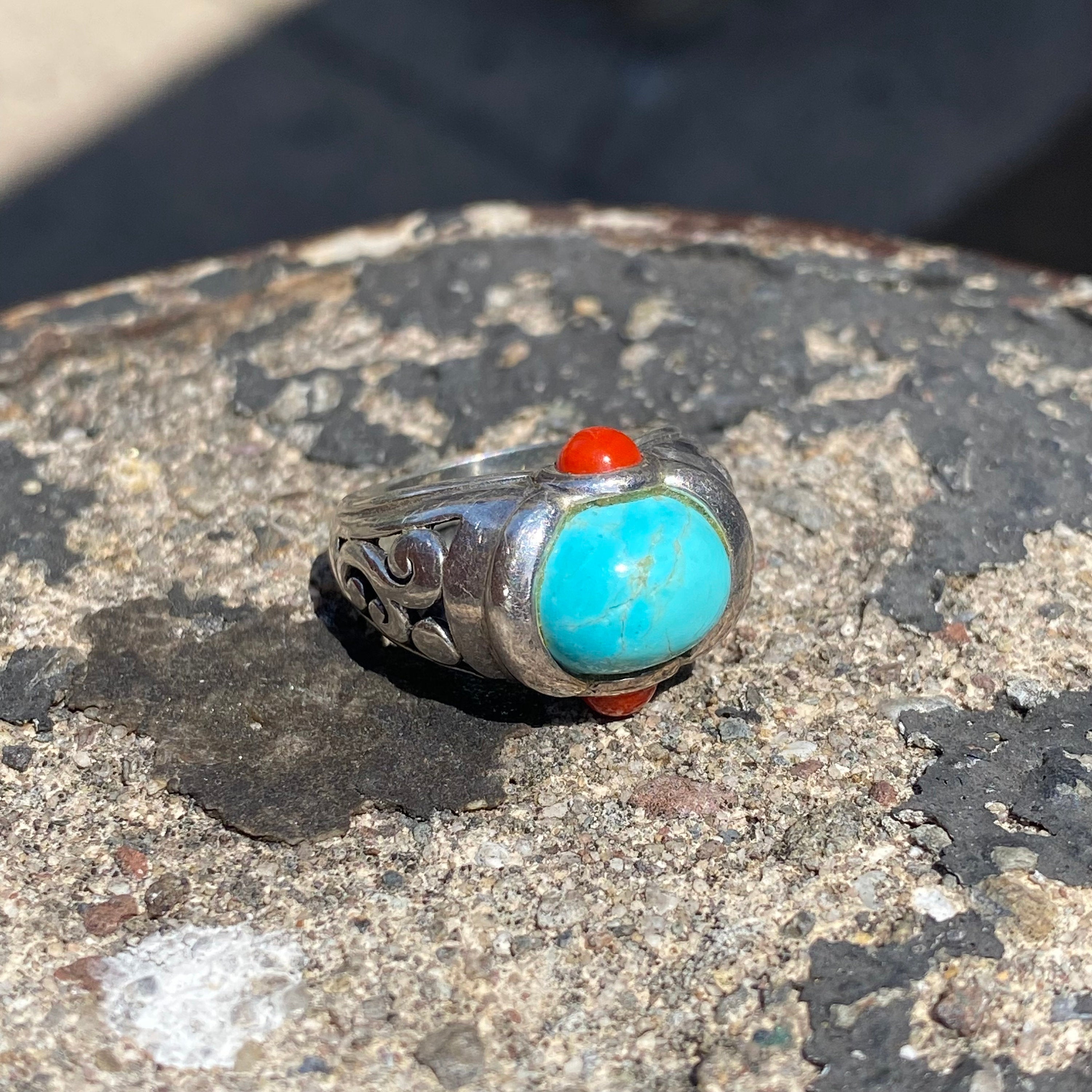 Sterling Silver Turquoise Ring with Small Red Coral Cabochons, Ornate Cutout Design, Chunky Gemstone Ring, 925 Jewelry, 5 US