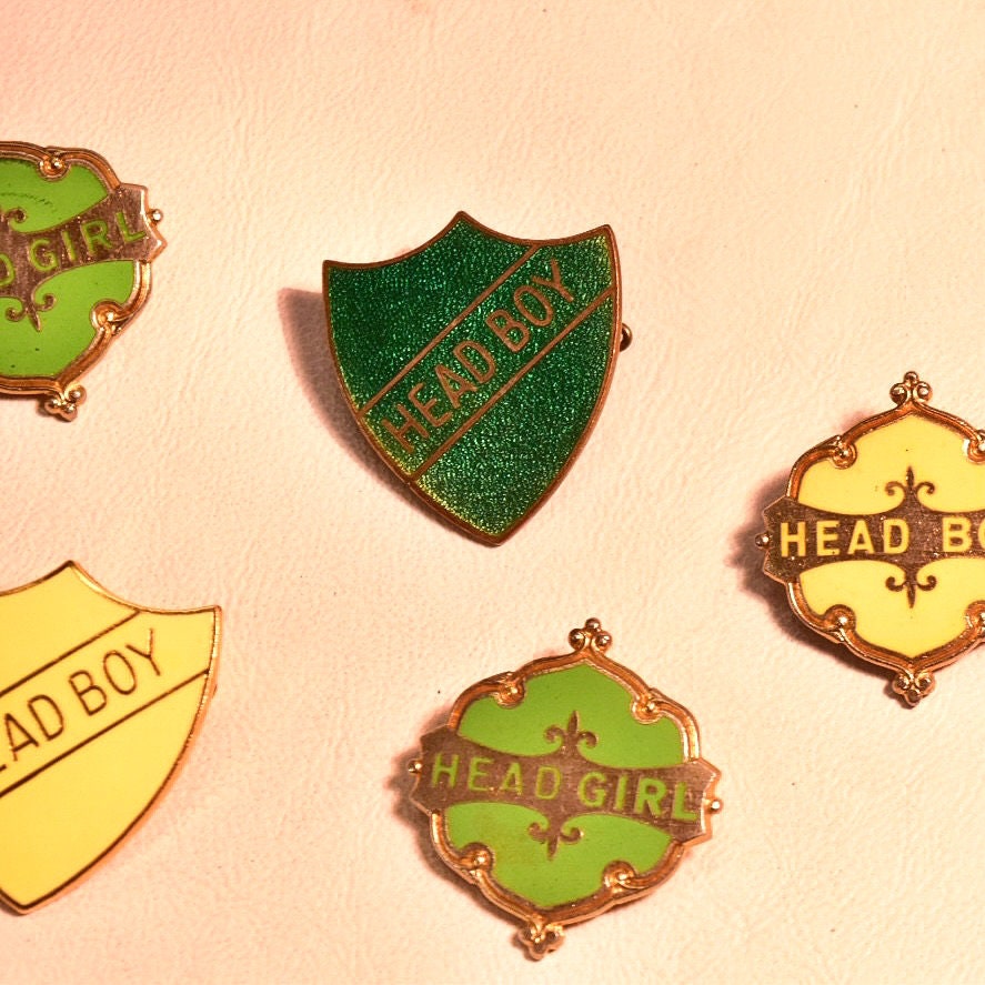Vintage Collection of Head Boy and Head Girl Enamel Badges, Fattorini Old School Badges, c1960s Head Boy and Head Girl Pin,