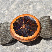 Unique Sparkly Preserved Orange Slice Snap Cuff Bracelet, Silver Mesh Band, Iridescent Purple Glaze, Adjustable, 6 1/2" - 7 1/4" L