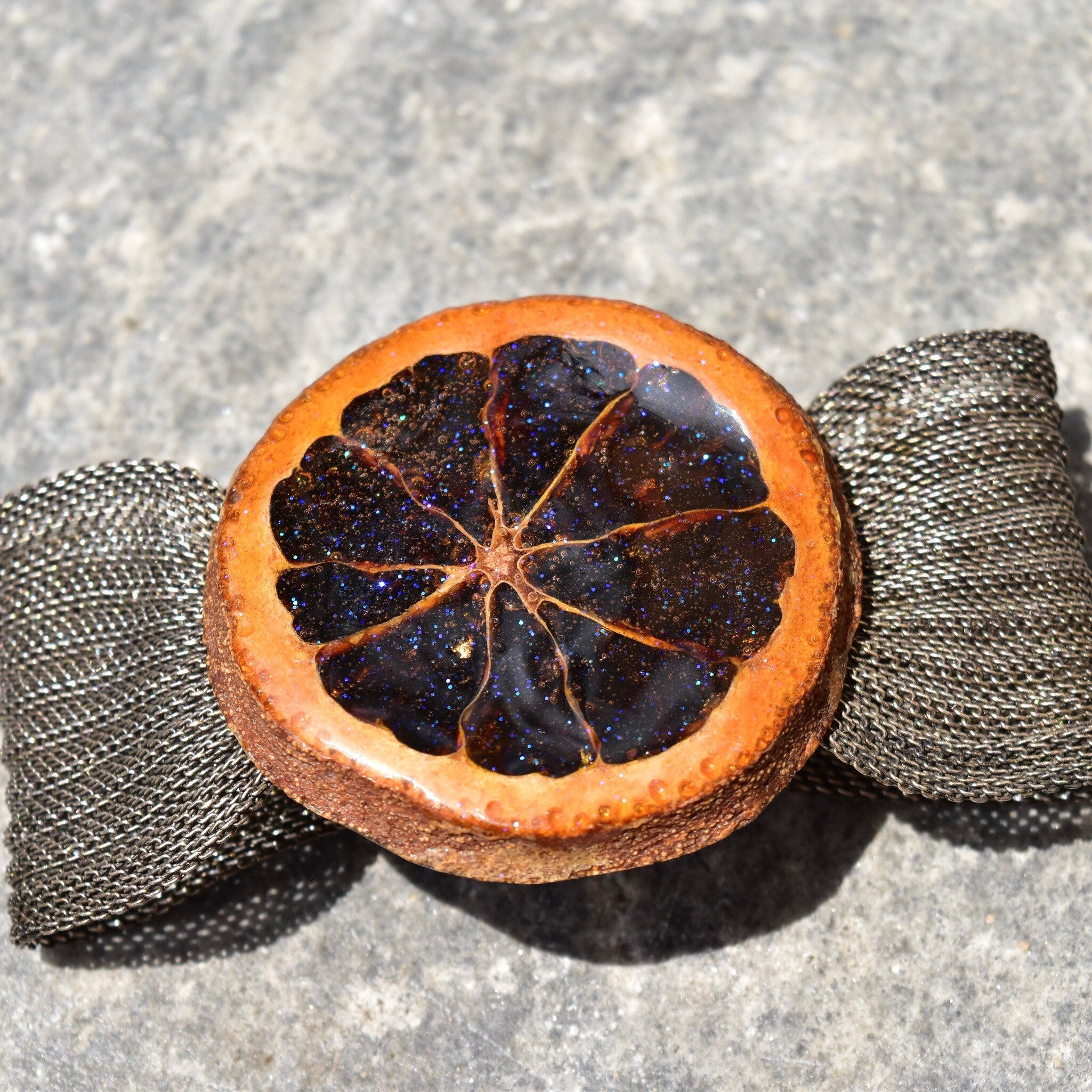 Unique Sparkly Preserved Orange Slice Snap Cuff Bracelet, Silver Mesh Band, Iridescent Purple Glaze, Adjustable, 6 1/2" - 7 1/4" L