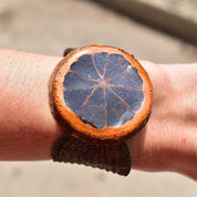 Unique Sparkly Preserved Orange Slice Snap Cuff Bracelet, Silver Mesh Band, Iridescent Purple Glaze, Adjustable, 6 1/2" - 7 1/4" L