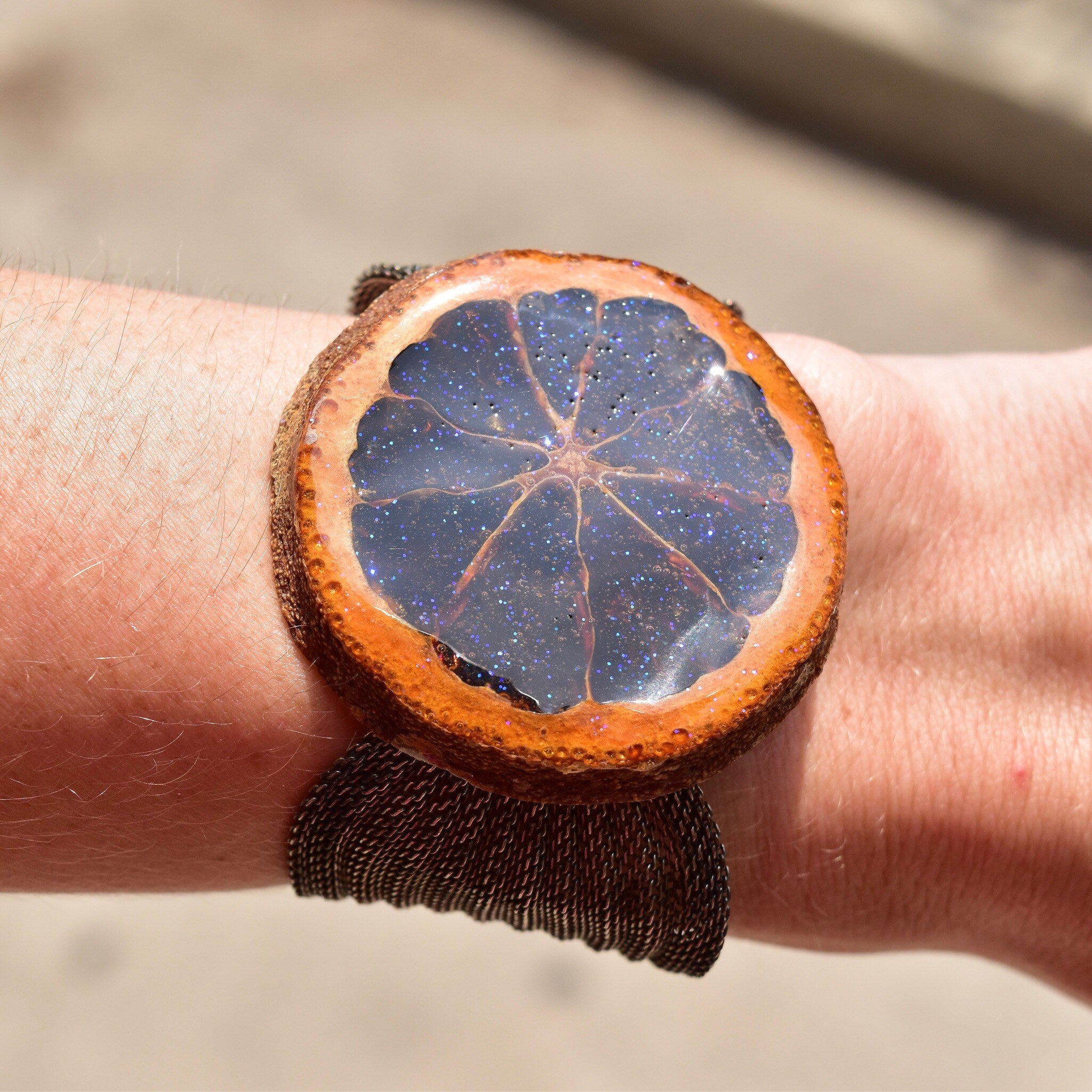 Unique Sparkly Preserved Orange Slice Snap Cuff Bracelet, Silver Mesh Band, Iridescent Purple Glaze, Adjustable, 6 1/2" - 7 1/4" L