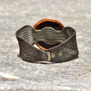 Unique Sparkly Preserved Orange Slice Snap Cuff Bracelet, Silver Mesh Band, Iridescent Purple Glaze, Adjustable, 6 1/2" - 7 1/4" L