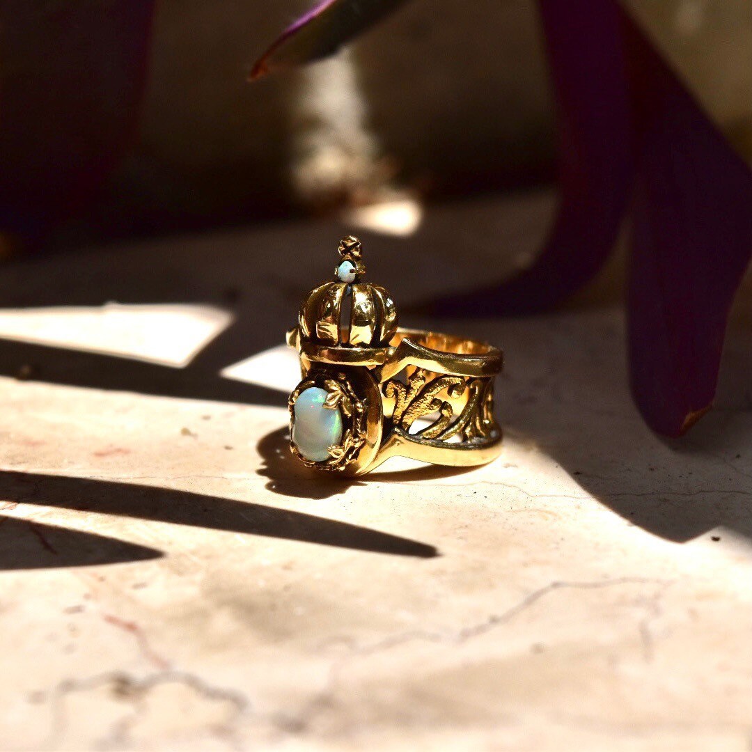 Vintage 14K Gold Crown Opal Cocktail Ring, Wide Yellow Gold Scroll Band, Iridescent White Opal Cabochons, 1950's Sydney Berman, Size 7 US