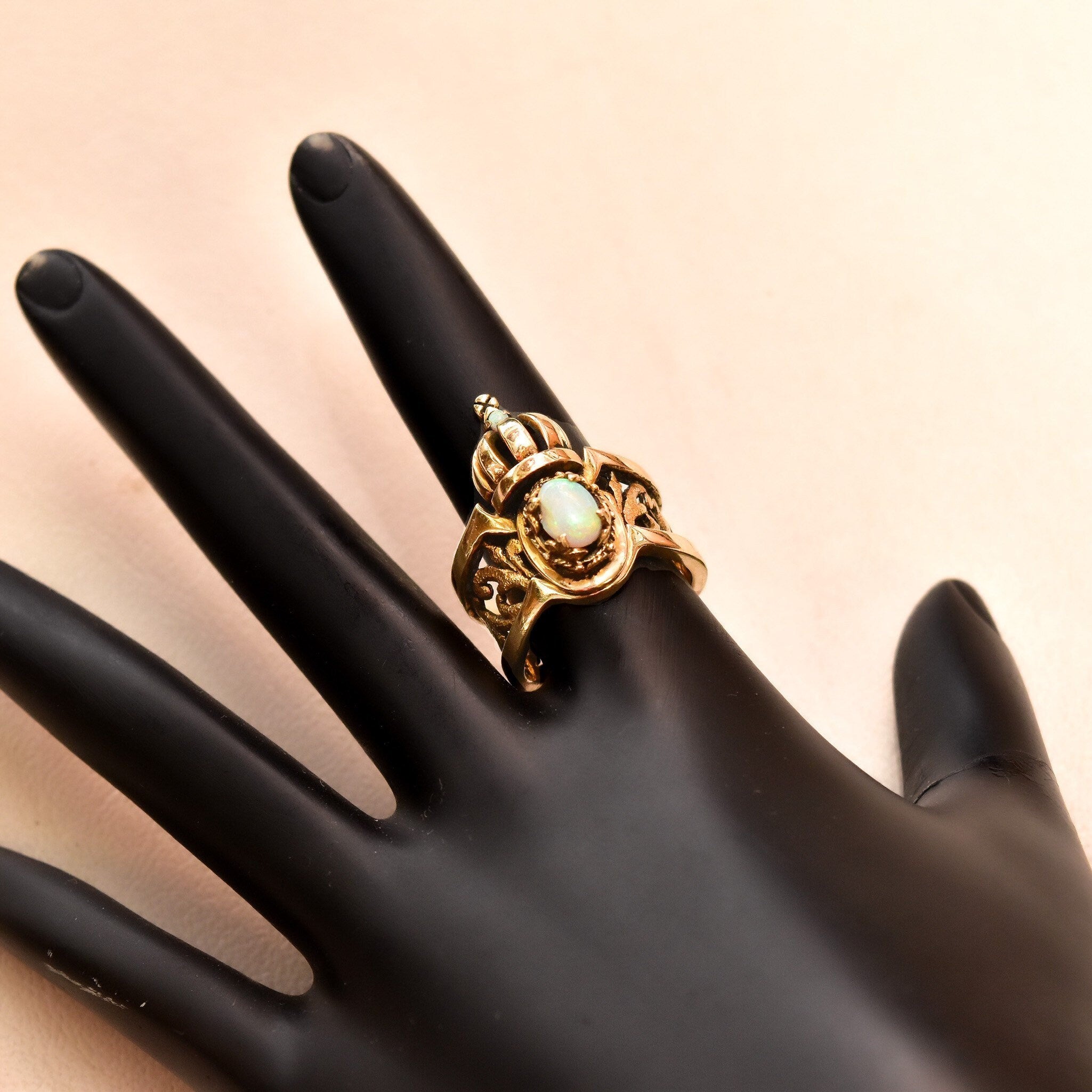 Vintage 14K Gold Crown Opal Cocktail Ring, Wide Yellow Gold Scroll Band, Iridescent White Opal Cabochons, 1950's Sydney Berman, Size 7 US