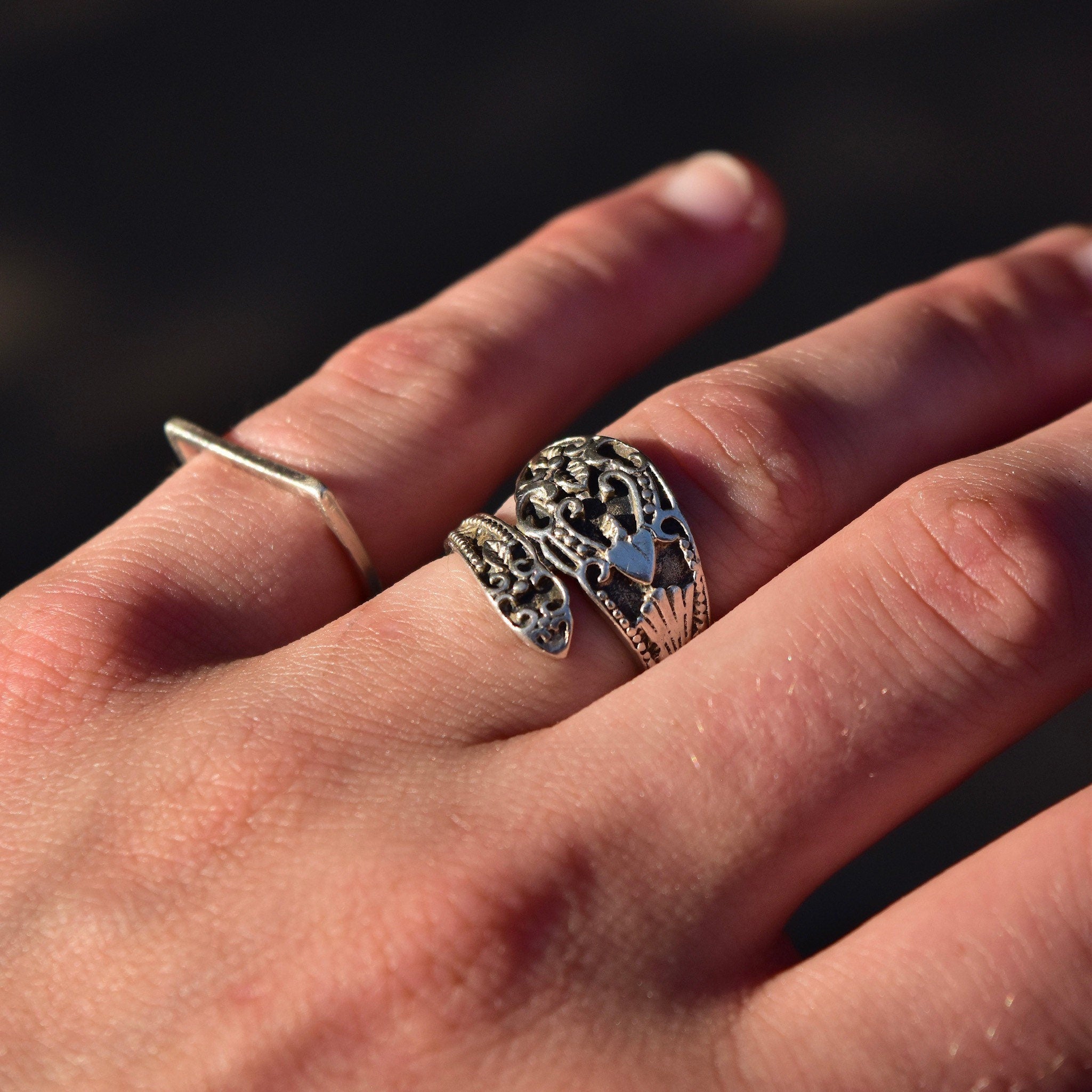 Ornate Sterling Silver Snake Spoon Ring, Engraved Silver Wrap Ring, Flora Motifs, Art Nouveau Revival, 925 Stacking Ring, Size 7 US